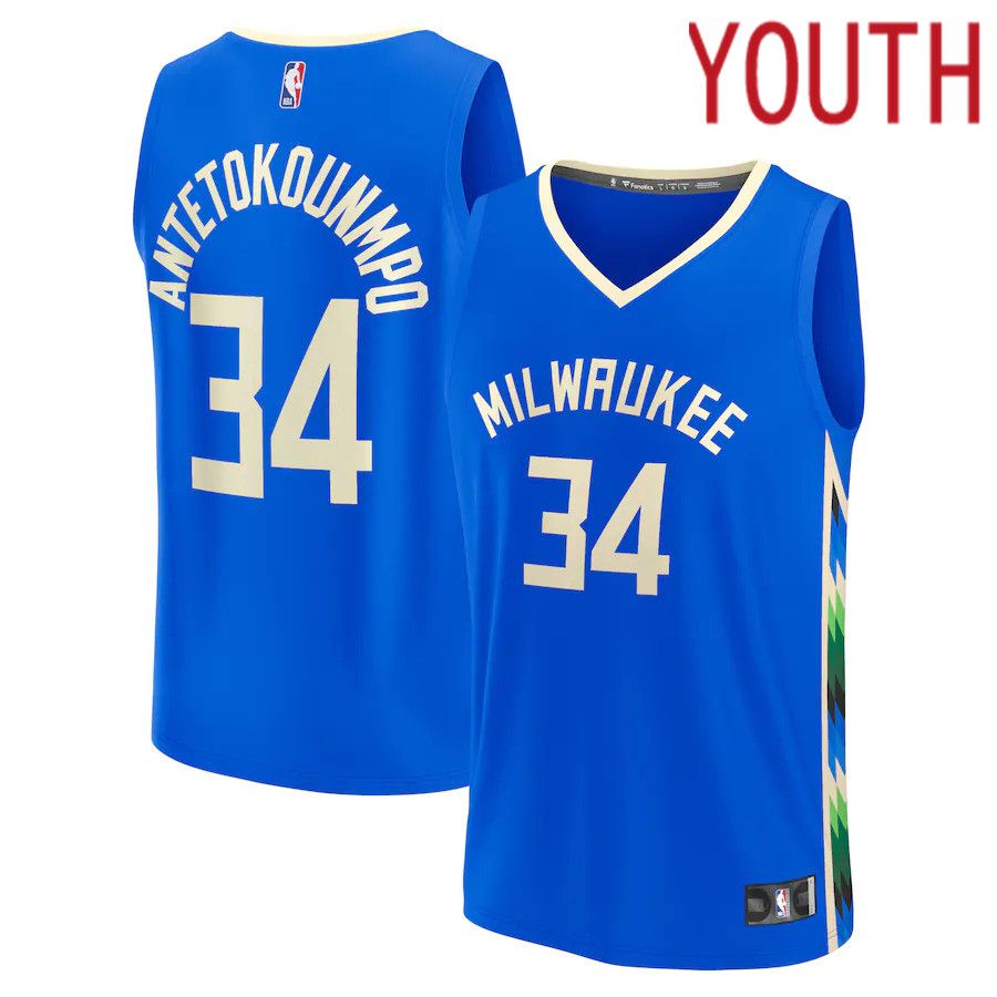 Youth Milwaukee Bucks 34 Giannis Antetokounmpo Fanatics Branded Royal City Edition 2022-23 Fastbreak NBA Jersey